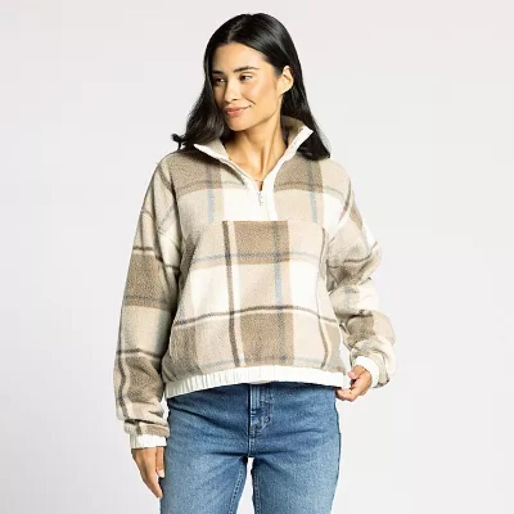 THREAD & SUPPLY Brown Cream Plaid Polar Fleece Boxy Pullover Sweater Size XL